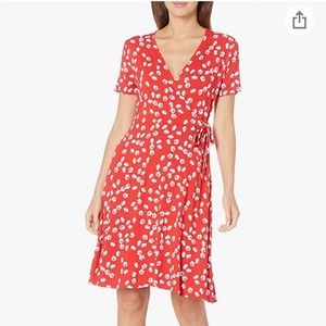 Amazon Essentials faux wrap dress red with blue/white flowers large